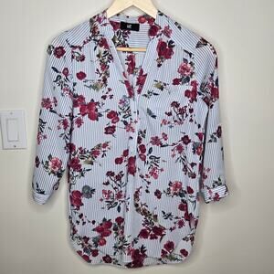 IZ BYER Blue & White Striped & Burgundy Floral Blouse Size XS
